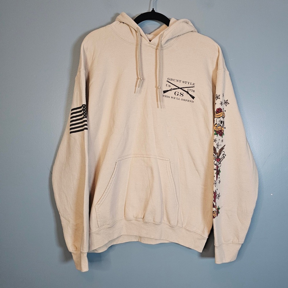 GRUNT STYLE US Flag Graphic Hoodie Sweatshirt Men's Size M Beige Long Sleeve